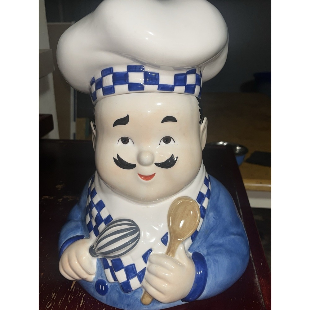 Vintage‎ Chef Baker Ceramic Cookie Jar by The Cellar blue and white Italian 1999